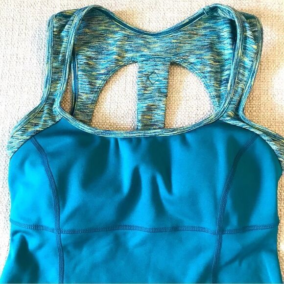 Prana Teal Green Mottled Print Keyhole Back Padded Workout Athletic Tank Top - Picture 2 of 10